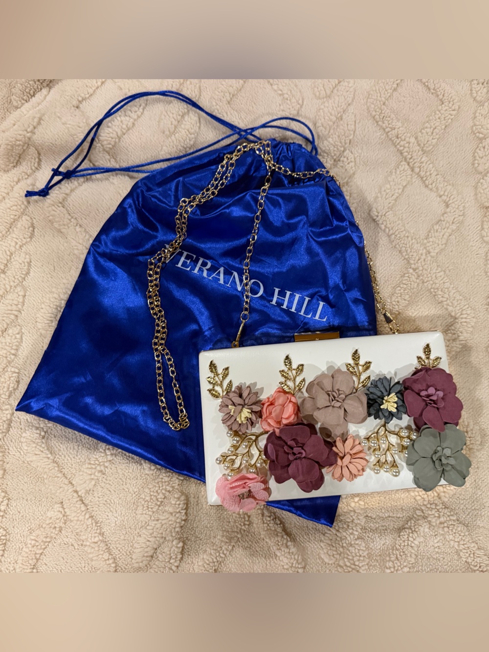 Verano Hill White Floral Embellished Clutch with Chain Strap